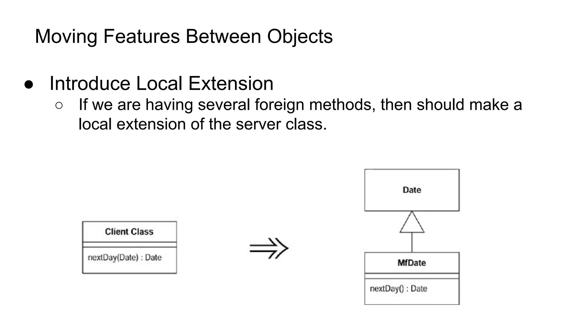 Moving Features Between Objects
● Introduce Local Extension
○ If we are having several foreign methods, then should make a
local extension of the server class.
 