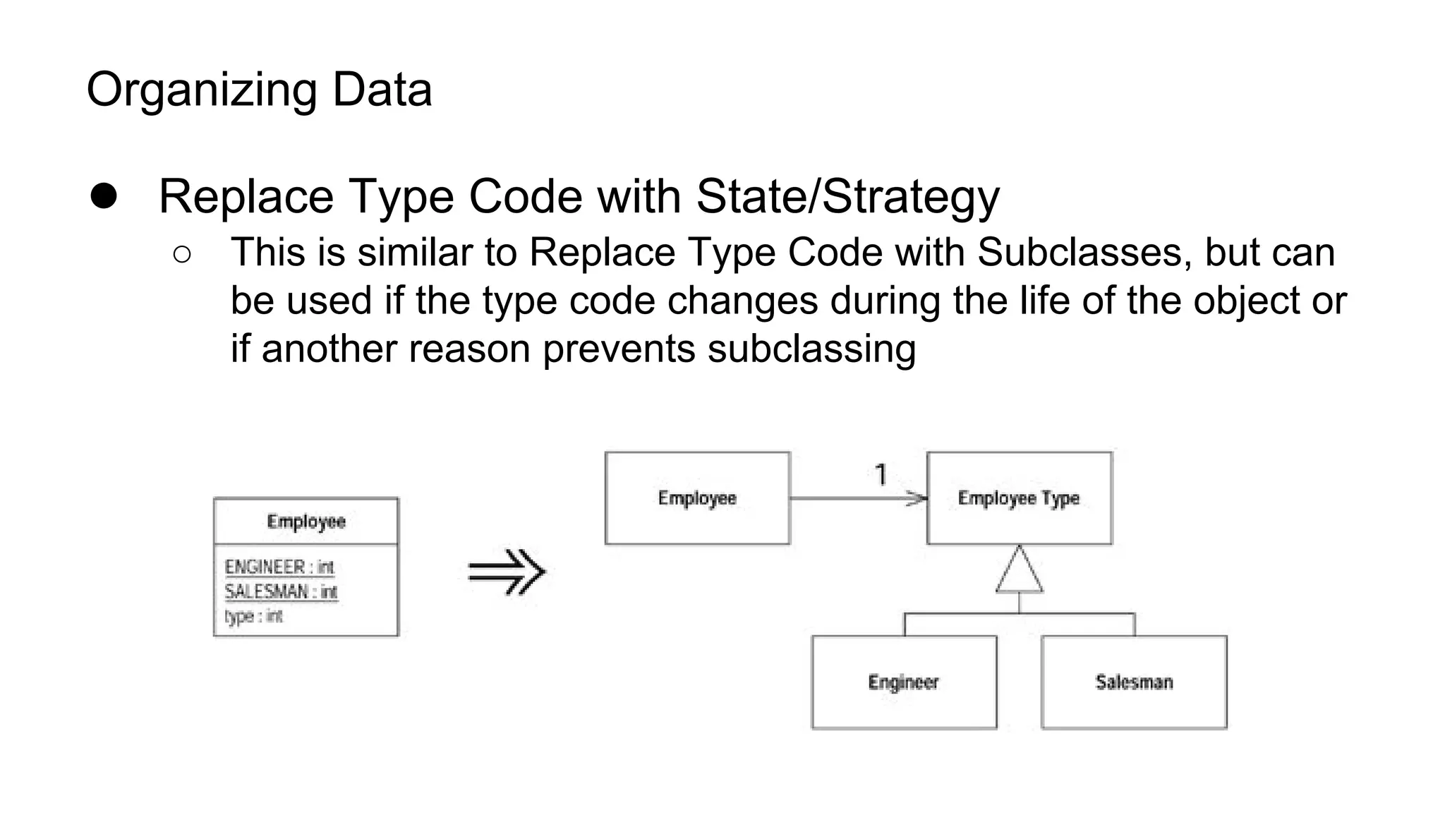 Organizing Data
● Replace Type Code with State/Strategy
○ This is similar to Replace Type Code with Subclasses, but can
be used if the type code changes during the life of the object or
if another reason prevents subclassing
 