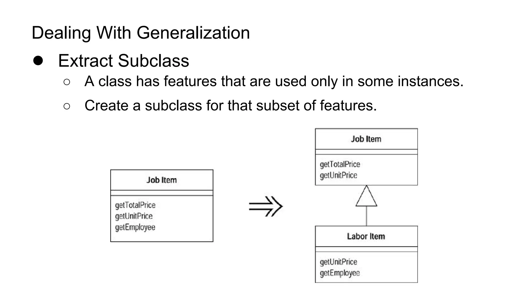 Dealing With Generalization
● Extract Subclass
○ A class has features that are used only in some instances.
○ Create a subclass for that subset of features.
 