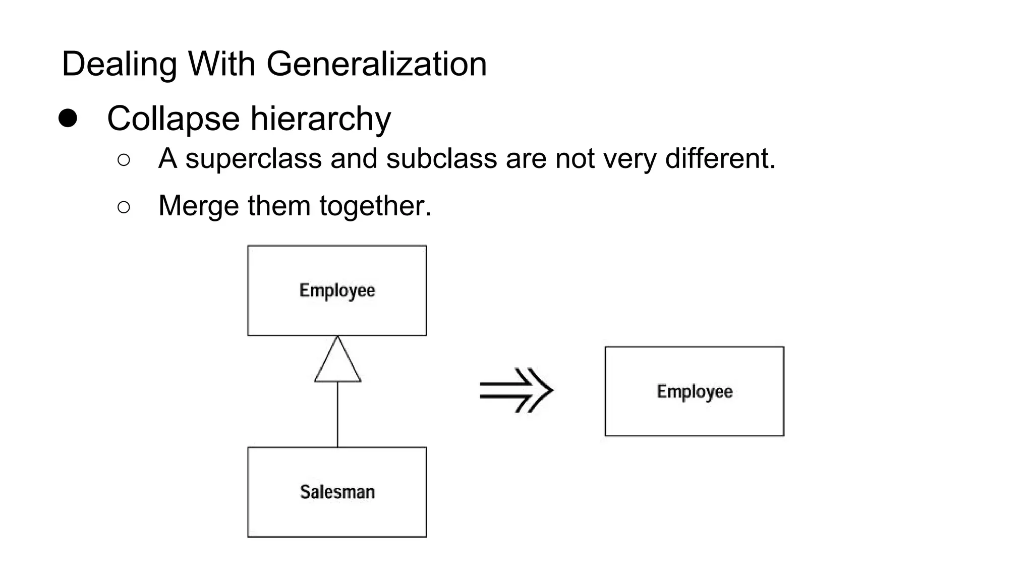 Dealing With Generalization
● Collapse hierarchy
○ A superclass and subclass are not very different.
○ Merge them together.
 
