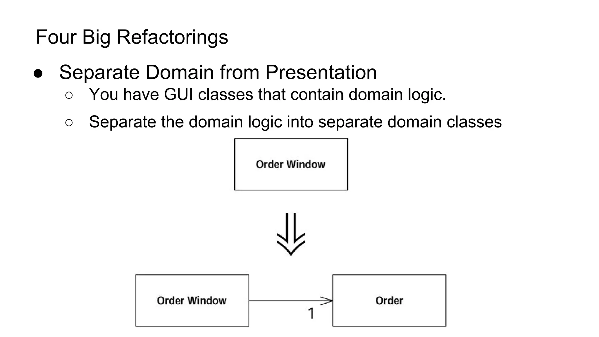 Four Big Refactorings
● Separate Domain from Presentation
○ You have GUI classes that contain domain logic.
○ Separate the domain logic into separate domain classes
 