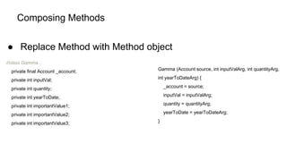 Composing Methods
● Replace Method with Method object
//class Gamma...
private final Account _account;
private int inputVal;
private int quantity;
private int yearToDate;
private int importantValue1;
private int importantValue2;
private int importantValue3;
Gamma (Account source, int inputValArg, int quantityArg,
int yearToDateArg) {
_account = source;
inputVal = inputValArg;
quantity = quantityArg;
yearToDate = yearToDateArg;
}
 