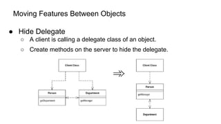 Moving Features Between Objects
● Hide Delegate
○ A client is calling a delegate class of an object.
○ Create methods on the server to hide the delegate.
 