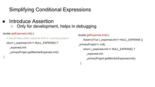 Simplifying Conditional Expressions
● Introduce Assertion
○ Only for development, helps in debugging
double getExpenseLimit() {
// should have either expense limit or a primary project
return (_expenseLimit != NULL_EXPENSE) ?
_expenseLimit:
_primaryProject.getMemberExpenseLimit();
}
double getExpenseLimit() {
Assert.isTrue (_expenseLimit != NULL_EXPENSE ||
_primaryProject != null);
return (_expenseLimit != NULL_EXPENSE) ?
_expenseLimit:
_primaryProject.getMemberExpenseLimit();
}
 
