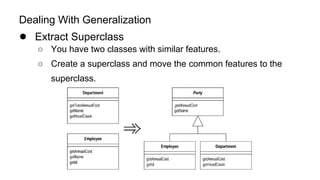 Dealing With Generalization
● Extract Superclass
○ You have two classes with similar features.
○ Create a superclass and move the common features to the
superclass.
 