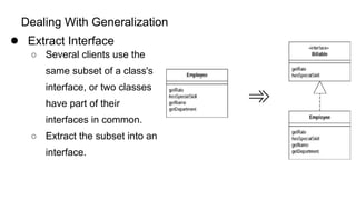 Dealing With Generalization
● Extract Interface
○ Several clients use the
same subset of a class's
interface, or two classes
have part of their
interfaces in common.
○ Extract the subset into an
interface.
 