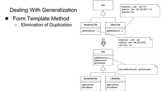 Dealing With Generalization
● Form Template Method
○ Elimination of Duplication
 