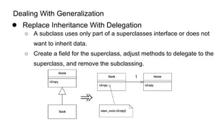 Dealing With Generalization
● Replace Inheritance With Delegation
○ A subclass uses only part of a superclasses interface or does not
want to inherit data.
○ Create a field for the superclass, adjust methods to delegate to the
superclass, and remove the subclassing.
 