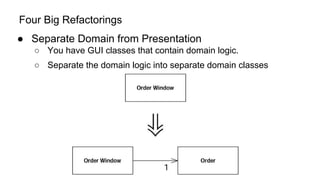 Four Big Refactorings
● Separate Domain from Presentation
○ You have GUI classes that contain domain logic.
○ Separate the domain logic into separate domain classes
 