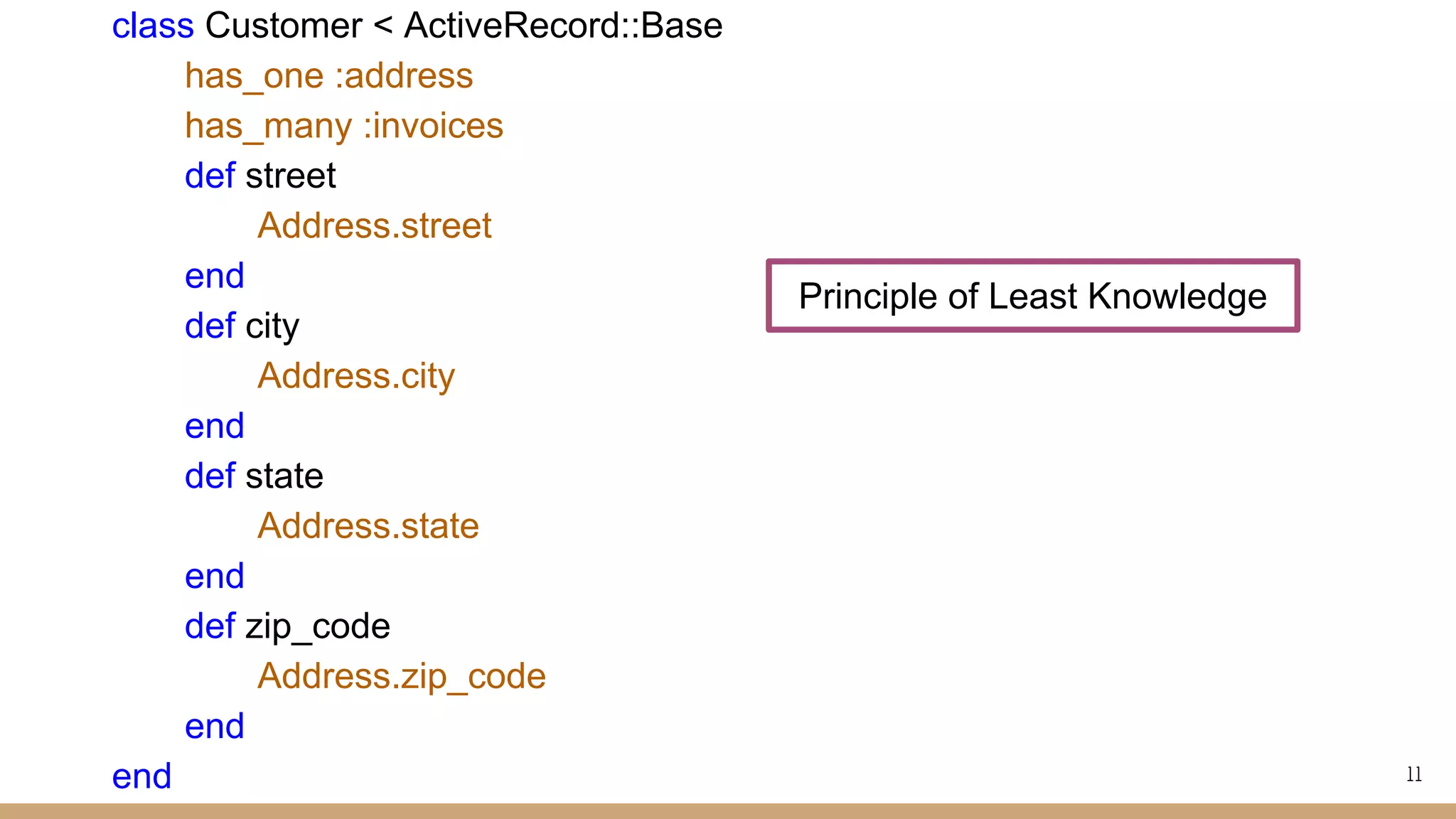class Customer < ActiveRecord::Base
has_one :address
has_many :invoices
def street
Address.street
end
def city
Address.city
end
def state
Address.state
end
def zip_code
Address.zip_code
end
end
Principle of Least Knowledge
11
 