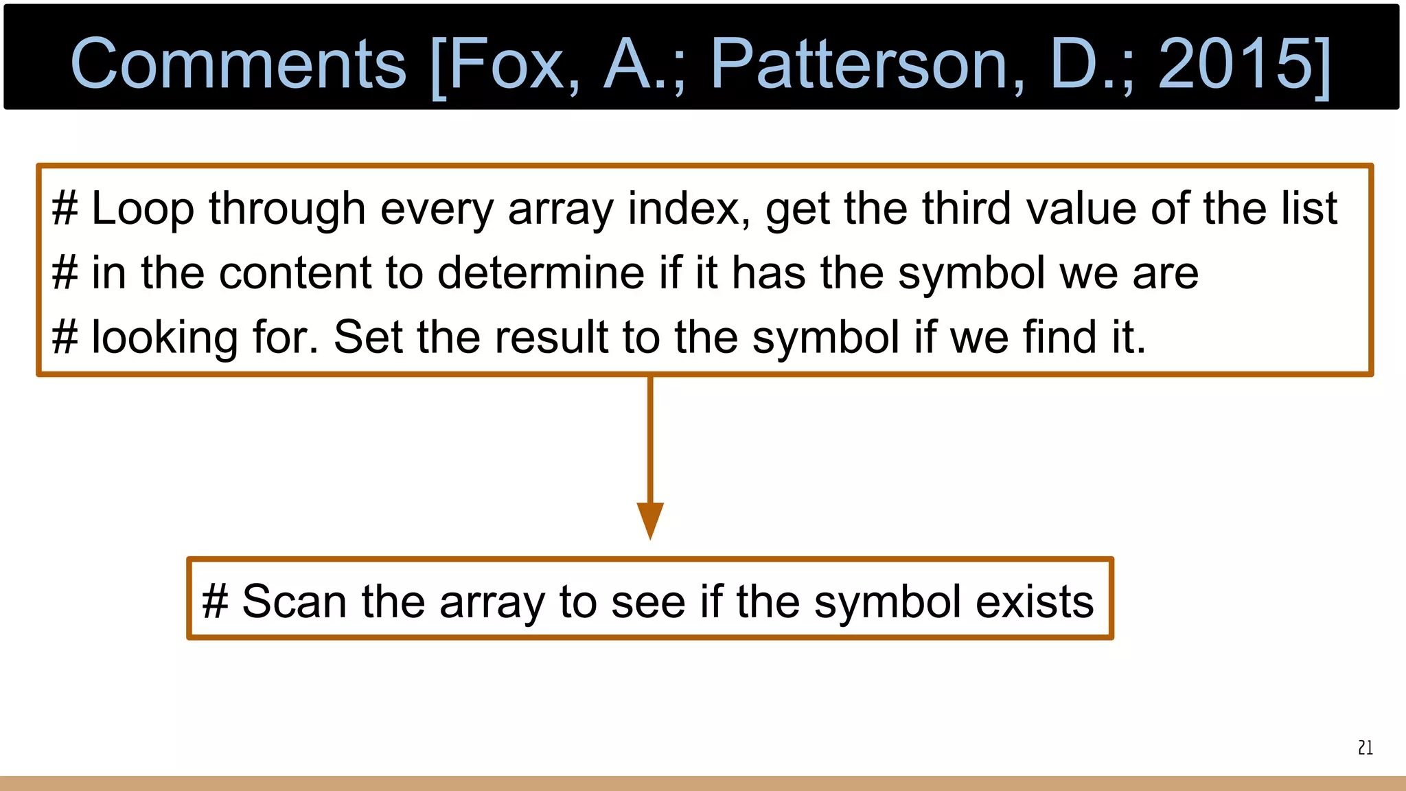 21
# Scan the array to see if the symbol exists
# Loop through every array index, get the third value of the list
# in the content to determine if it has the symbol we are
# looking for. Set the result to the symbol if we find it.
Comments [Fox, A.; Patterson, D.; 2015]
 