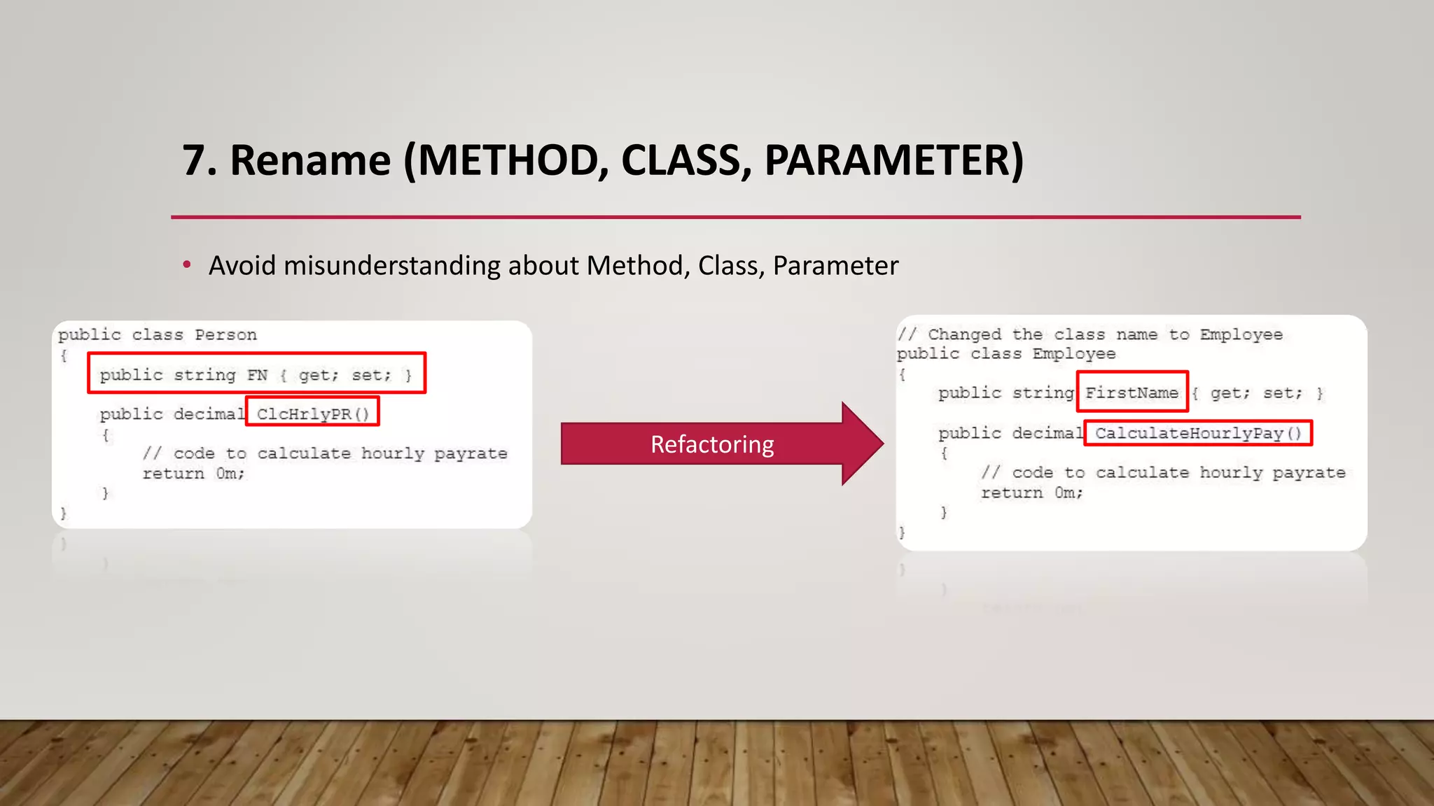 7. Rename (METHOD, CLASS, PARAMETER)
• Avoid misunderstanding about Method, Class, Parameter
Refactoring
 
