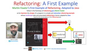 Refactoring: A First Example
Martin Fowler’s First Example of Refactoring, Adapted to Java
follow in the footsteps of refactoring guru Martin Fowler
as he improves the design of a program in a simple yet instructive refactoring example
whose JavaScript code and associated refactoring is herein adapted to Java
based on the second edition of ‘the’ Refactoring book
Martin Fowler
@martinfowler
@philip_schwarz
slides by https://www.slideshare.net/pjschwarz
 