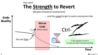 VictorRentea.ro
58
Worse
Code
(hours-days)
Code
Quality
Time
You are here
The Strength to Revert
(despite emotional involvement)
Ctrl-
A day without no Ctrl-Z
is a day you didn't learned anything
... and the speed to get to some conclusions fast
You need
 