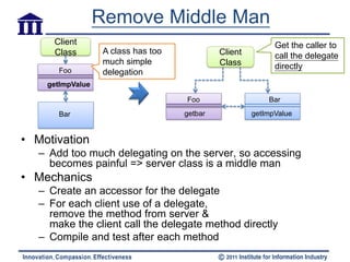 Remove Middle Man
      Client                                                 Get the caller to
      Class        A class has too            Client         call the delegate
                   much simple                Class
       Foo
                                                             directly
                   delegation
    getImpValue

                                     Foo                   Bar

       Bar                           getbar            getImpValue


• Motivation
   – Add too much delegating on the server, so accessing
     becomes painful => server class is a middle man
• Mechanics
   – Create an accessor for the delegate
   – For each client use of a delegate,
     remove the method from server &
     make the client call the delegate method directly
   – Compile and test after each method
 