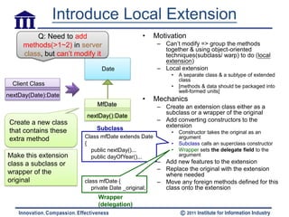 Introduce Local Extension
          Q: Need to add                          •    Motivation
      methods(>1~2) in server                           – Can’t modify => group the methods
                                                          together & using object-oriented
      class, but can’t modify it                          techniques(subclass/ warp) to do (local
                                                          extension)
                                 Date                   – Local extension
                                                             •   A separate class & a subtype of extended
                                                                 class
  Client Class                                               •   [methods & data should be packaged into
                                                                 well-formed units]
nextDay(Date):Date
                                                  •    Mechanics
                               MfDate                   – Create an extension class either as a
                                                          subclass or a wrapper of the original
                           nextDay():Date
 Create a new class                                     – Add converting constructors to the
                               Subclass                   extension
 that contains these                                         •   Constructor takes the original as an
 extra method             Class mfDate extends Date              argument
                          {                                  •   Subclass calls an superclass constructor
                            public nextDay()...              •   Wrapper sets the delegate field to the
Make this extension         public dayOfYear()...                argument
class a subclass or                                     – Add new features to the extension
                                                        – Replace the original with the extension
wrapper of the                                            where needed
original                  class mfDate {                – Move any foreign methods defined for this
                             private Date _original;      class onto the extension
                               Wrapper
                               (delegation)
 