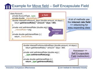Example for Move field – Self Encapsulate Field
class Account...
   private AccountType _type;          a field
   private double _interestRate;
   double interestForAmount_days (double amount, int days) {
                                                                A lot of methods use
      return getInterestRate() * amount * days / 365;          the interest rate field
   }                                                             => refactoring for
   private void setInterestRate (double arg) {                 easy expanding class
      _interestRate = arg;                       accessor
   }
   private double getInterestRate () {
                                                   pair
      return _interestRate;
   }


              double interestForAmountAndDays (double amount, int days) {
                 return getInterestRate() * amount * days / 365;
              }                                                     Asscessor =>
              private void setInterestRate (double arg) {
                 _type.setInterestRate(arg);
                                                                  Self Encapsulate
              }                                                   Field (redirection)
              private double getInterestRate () {
                 return _type.getInterestRate();
              }
 