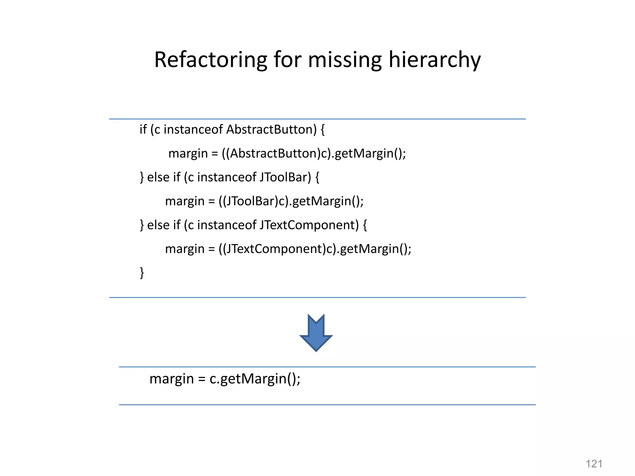 121
Refactoring for missing hierarchy
margin = c.getMargin();
if (c instanceof AbstractButton) {
margin = ((AbstractButton)c).getMargin();
} else if (c instanceof JToolBar) {
margin = ((JToolBar)c).getMargin();
} else if (c instanceof JTextComponent) {
margin = ((JTextComponent)c).getMargin();
}
 