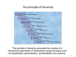 110
The principle of hierarchy
“The principle of hierarchy advocates the creation of a
hierarchical organization of abstractions using techniques such
as classification, generalization, substitutability, and ordering”
 