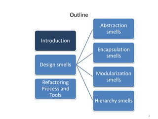 2
Outline
Introduction
Design smells
Abstraction
smells
Encapsulation
smells
Modularization
smells
Hierarchy smells
Refactoring
Process and
Tools
 