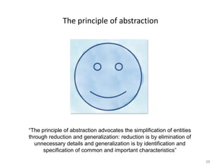 28
The principle of abstraction
“The principle of abstraction advocates the simplification of entities
through reduction and generalization: reduction is by elimination of
unnecessary details and generalization is by identification and
specification of common and important characteristics”
 