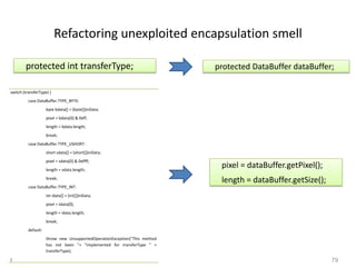79
Refactoring unexploited encapsulation smell
protected int transferType; protected DataBuffer dataBuffer;
pixel = dataBuffer.getPixel();
length = dataBuffer.getSize();
switch (transferType) {
case DataBuffer.TYPE_BYTE:
byte bdata[] = (byte[])inData;
pixel = bdata[0] & 0xff;
length = bdata.length;
break;
case DataBuffer.TYPE_USHORT:
short sdata[] = (short[])inData;
pixel = sdata[0] & 0xffff;
length = sdata.length;
break;
case DataBuffer.TYPE_INT:
int idata[] = (int[])inData;
pixel = idata[0];
length = idata.length;
break;
default:
throw new UnsupportedOperationException("This method
has not been "+ "implemented for transferType " +
transferType);
}
 