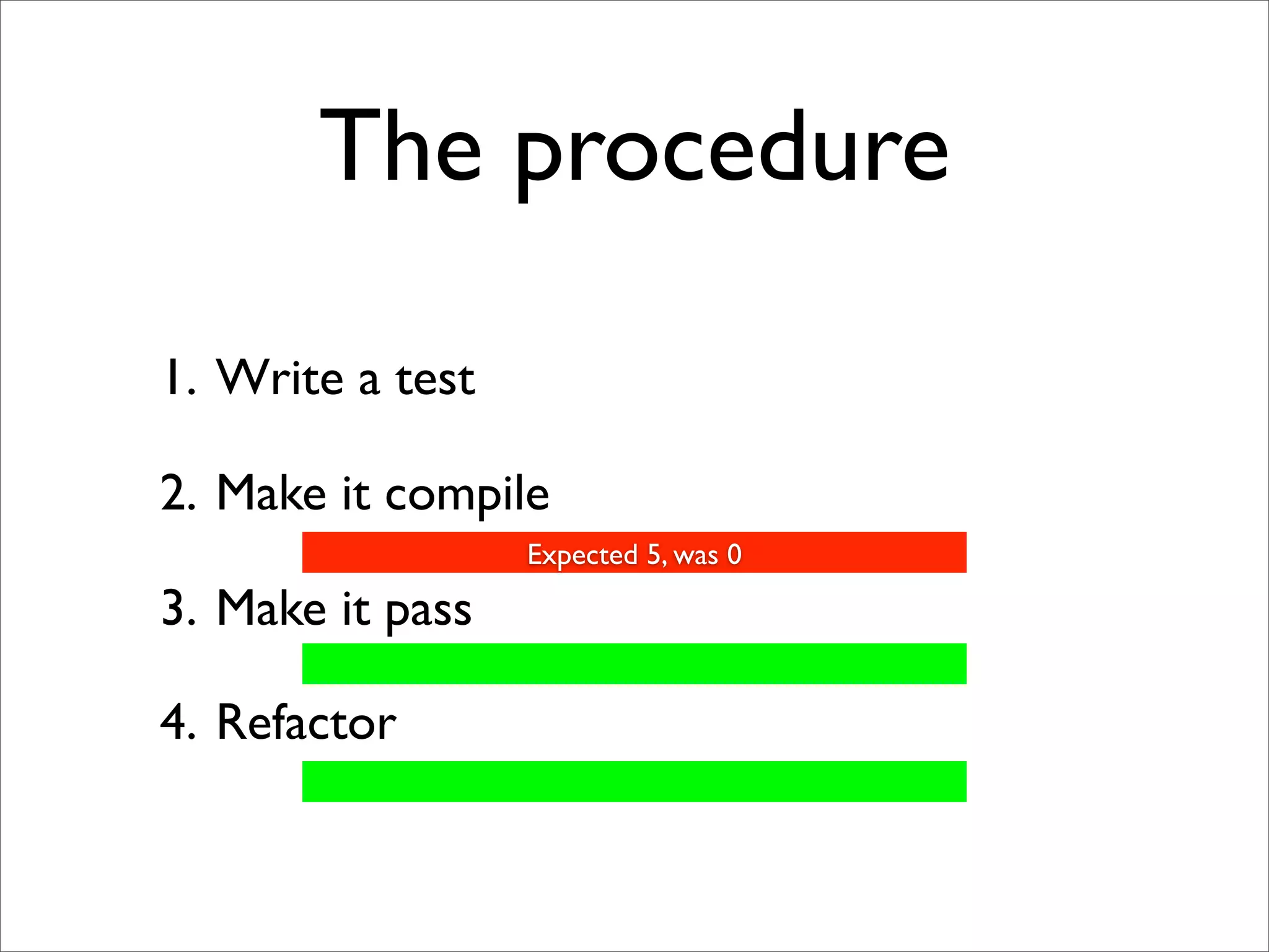 The procedure

1. Write a test

2. Make it compile
                  Expected 5, was 0

3. Make it pass

4. Refactor
 