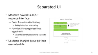 Separated UI
• Monolith now has a REST
resource interface
– Easier for automated testing
• Safety in further refactoring
– Functionality categorized into
logical units
• Easier to identify sections to separate
out
• Cosmetic changes occur on their
own schedule
©2017 Derek C. Ashmore, All Rights Reserved 19
 