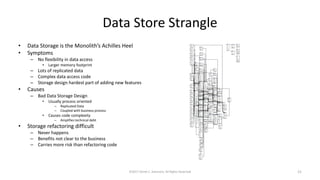 Data Store Strangle
• Data Storage is the Monolith’s Achilles Heel
• Symptoms
– No flexibility in data access
• Larger memory footprint
– Lots of replicated data
– Complex data access code
– Storage design hardest part of adding new features
• Causes
– Bad Data Storage Design
• Usually process oriented
– Replicated Data
– Coupled with business process
• Causes code complexity
– Amplifies technical debt
• Storage refactoring difficult
– Never happens
– Benefits not clear to the business
– Carries more risk than refactoring code
©2017 Derek C. Ashmore, All Rights Reserved 21
 