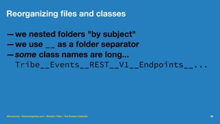 Reorganizing ﬁles and classes
—we nested folders "by subject"
—we use __ as a folder separator
—some class names are long...
Tribe__Events__REST__V1__Endpoints__...
@lucatume - theaveragedev.com - Modern Tribe - The Events Calendar 20
 