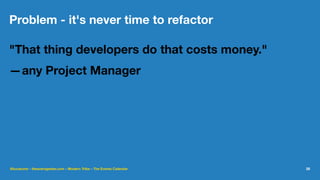 Problem - it's never time to refactor
"That thing developers do that costs money."
—any Project Manager
@lucatume - theaveragedev.com - Modern Tribe - The Events Calendar 28
 