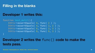 Filling in the blanks
Developer 1 writes this:
function test_multi(){
$this->assertEquals( 4, func( 2 ) );
$this->assertEquals( 4, func( 2, 2 ) );
$this->assertEquals( 6, func( 2, 3 ) );
$this->assertEquals( 0, func( 0, 3 ) );
}
Developer 2 writes the func() code to make the
tests pass.
@lucatume - theaveragedev.com - Modern Tribe - The Events Calendar 30
 
