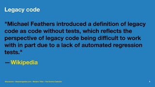 Legacy code
"Michael Feathers introduced a deﬁnition of legacy
code as code without tests, which reﬂects the
perspective of legacy code being diﬃcult to work
with in part due to a lack of automated regression
tests."
—Wikipedia
@lucatume - theaveragedev.com - Modern Tribe - The Events Calendar 9
 