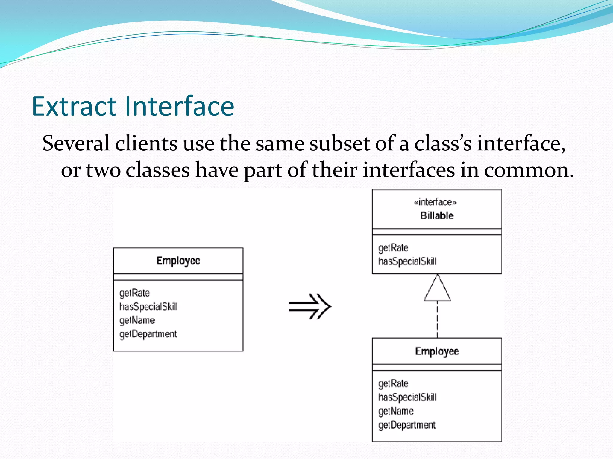 Extract Interface
Several clients use the same subset of a class’s interface,
or two classes have part of their interfaces in common.
 