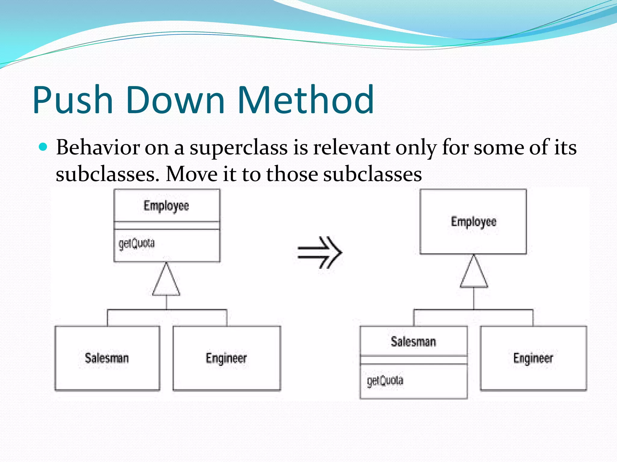 Push Down Method
 Behavior on a superclass is relevant only for some of its
subclasses. Move it to those subclasses
 