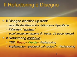 Il Refactoring è Disegno 
IIll DDiisseeggnnoo ccllaassssiiccoo uupp--ffrroonntt:: 
rraaccccoollttaa ddeeii RReeqquuiissiittii ee ddeeffiinniizziioonnee SSppeecciiffiicchhee 
iill DDiisseeggnnoo ““uupp--ffrroonntt”” 
ee ppooii IImmpplleemmeennttaazziioonnee ((iinn ffrreettttaa:: cc’’èè ppooccoo tteemmppoo)) 
IIll RReeffaaccttoorriinngg ccoonnttiinnuuoo:: 
TTDDDD:: RRoossssoo-->>VVeerrddee-->>RReeffaaccttoorriinngg 
IImmpplleemmeennttaa-->>pprroobblleemmii ddaall ccooddiiccee??-->>RReeffaaccttoorriinngg 
8 
 