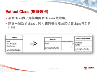 Classification 4/22/201111Extract Class (提練類別)某個class做了應該由兩個classes做的事。建立一個新的class，將相關的欄位和函式從舊class移至新class.