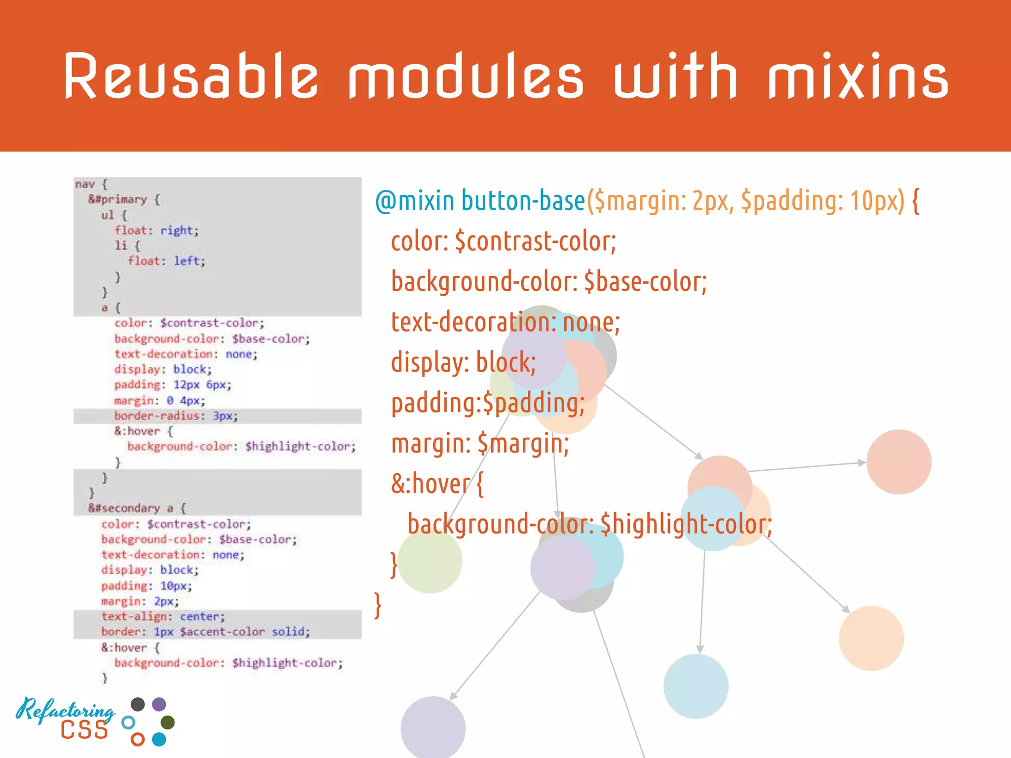 Reusable modules with mixins
@mixin button-base($margin: 2px, $padding: 10px) {
color: $contrast-color;
background-color: $base-color;
text-decoration: none;
display: block;
padding:$padding;
margin: $margin;
&:hover {
background-color: $highlight-color;
}
}
Refactoring
CSS
 
