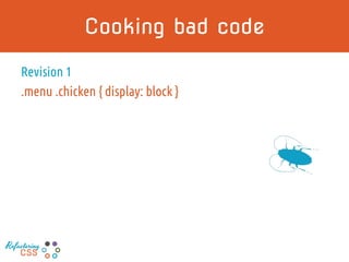 Cooking bad code
Revision 1
.menu .chicken { display: block }
Refactoring
CSS
 