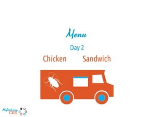 Menu
Day 2
Chicken Sandwich
Refactoring
CSS
 