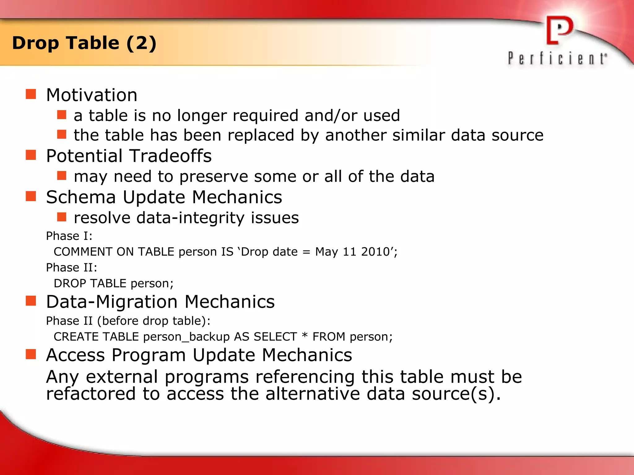 Drop Table (2) Motivation a table is no longer required and/or used  the table has been replaced by another similar data source  Potential Tradeoffs may need to preserve some or all of the data Schema Update Mechanics resolve data-integrity issues  Phase I: COMMENT ON TABLE person IS ‘Drop date = May 11 2010’; Phase II: DROP TABLE person; Data-Migration Mechanics Phase II (before drop table): CREATE TABLE person_backup AS SELECT * FROM person; Access Program Update Mechanics Any external programs referencing this table must be refactored to access the alternative data source(s). 
