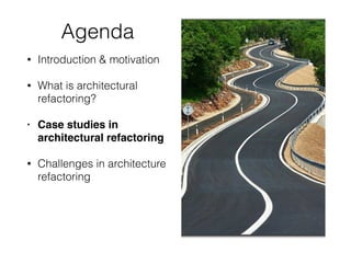 Architecture)
smells)
Duplicate)
design)
ar3facts)
Unclear)role)
of)en33es)
Inexpressive)
or)complex)
architecture)
Everything)
centralized)
Over>generic)
design)
Asymmetric)
structure)or)
behavior)
Dependency)
cycles)
Unnecessary)
dependencies)
Implicit)
dependencies)
 