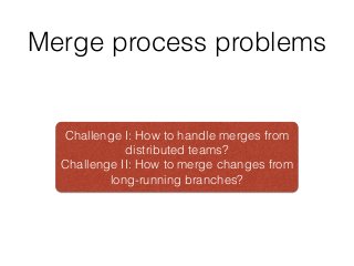 Merge process problems
Challenge I: How to handle merges from
distributed teams?
Challenge II: How to merge changes from
long-running branches?
 