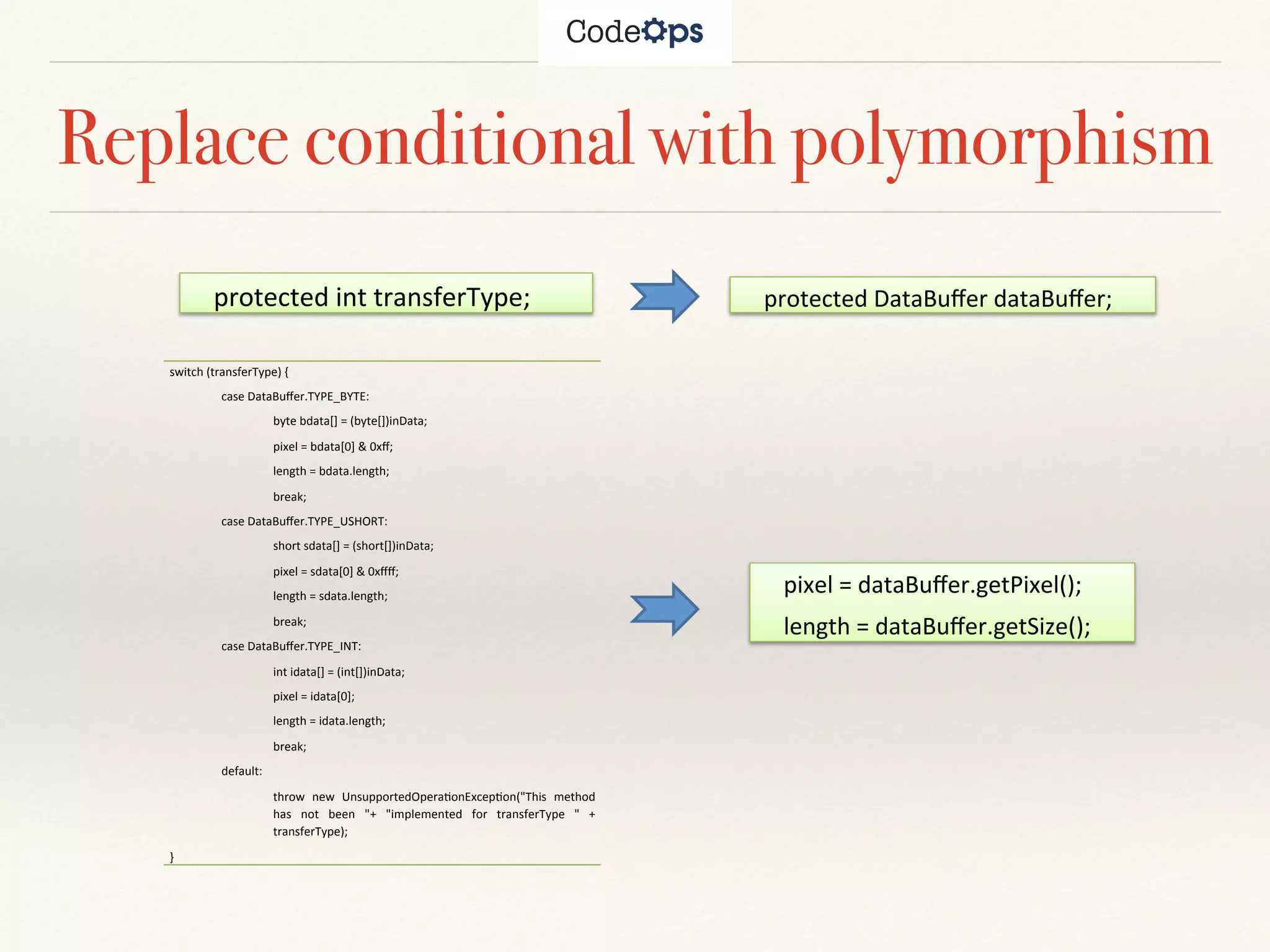 Replace conditional with polymorphism
protected(int(transferType;! protected(DataBuﬀer(dataBuﬀer;!
pixel(=(dataBuﬀer.getPixel();(
length(=(dataBuﬀer.getSize();!
switch((transferType)({(
case(DataBuﬀer.TYPE_BYTE:(
byte(bdata[](=((byte[])inData;(
pixel(=(bdata[0](&(0xﬀ;(
length(=(bdata.length;(
break;(
case(DataBuﬀer.TYPE_USHORT:(
short(sdata[](=((short[])inData;(
pixel(=(sdata[0](&(0xﬀﬀ;(
length(=(sdata.length;(
break;(
case(DataBuﬀer.TYPE_INT:(
int(idata[](=((int[])inData;(
pixel(=(idata[0];(
length(=(idata.length;(
break;(
default:(
throw( new( UnsupportedOperaRonExcepRon("This( method(
has( not( been( "+( "implemented( for( transferType( "( +(
transferType);(
}!
 