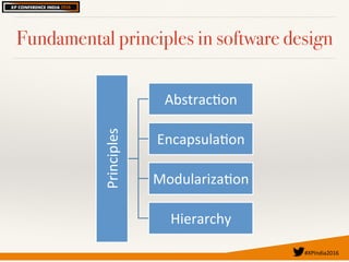 #XPIndia2016	
Fundamental principles in software design
Principles*
Abstrac/on*
Encapsula/on*
Modulariza/on*
Hierarchy*
 