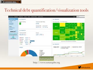 #XPIndia2016	
Technical debt quantification/visualization tools
Sonarqube
http://www.sonarqube.org
 