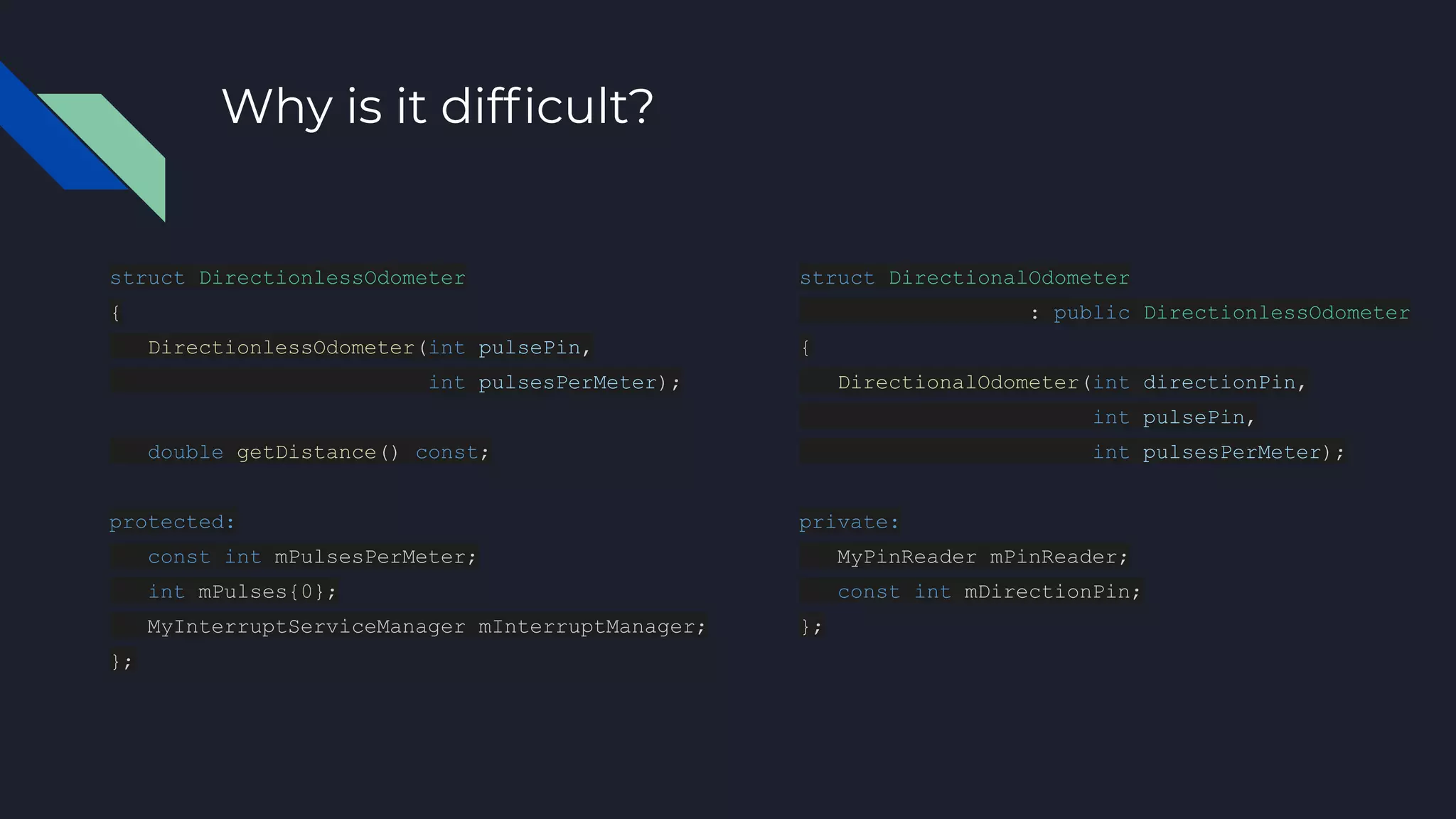 Why is it difﬁcult?
struct DirectionlessOdometer
{
DirectionlessOdometer(int pulsePin,
int pulsesPerMeter);
double getDistance() const;
protected:
const int mPulsesPerMeter;
int mPulses{0};
MyInterruptServiceManager mInterruptManager;
};
struct DirectionalOdometer
: public DirectionlessOdometer
{
DirectionalOdometer(int directionPin,
int pulsePin,
int pulsesPerMeter);
private:
MyPinReader mPinReader;
const int mDirectionPin;
};
 