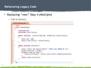 41
Refactoring Legacy Code
●
Replacing “new” Step 4 (Multiple)
– Call to factory
 