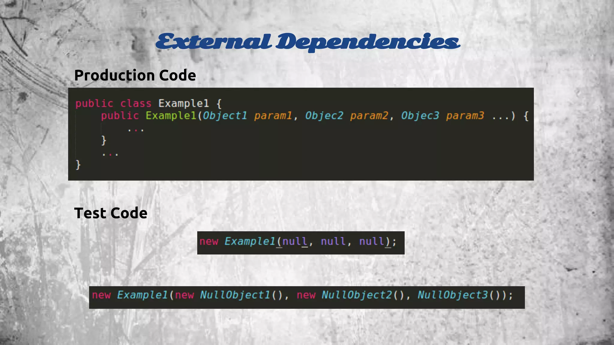 External Dependencies 
Production Code 
Test Code 
 
