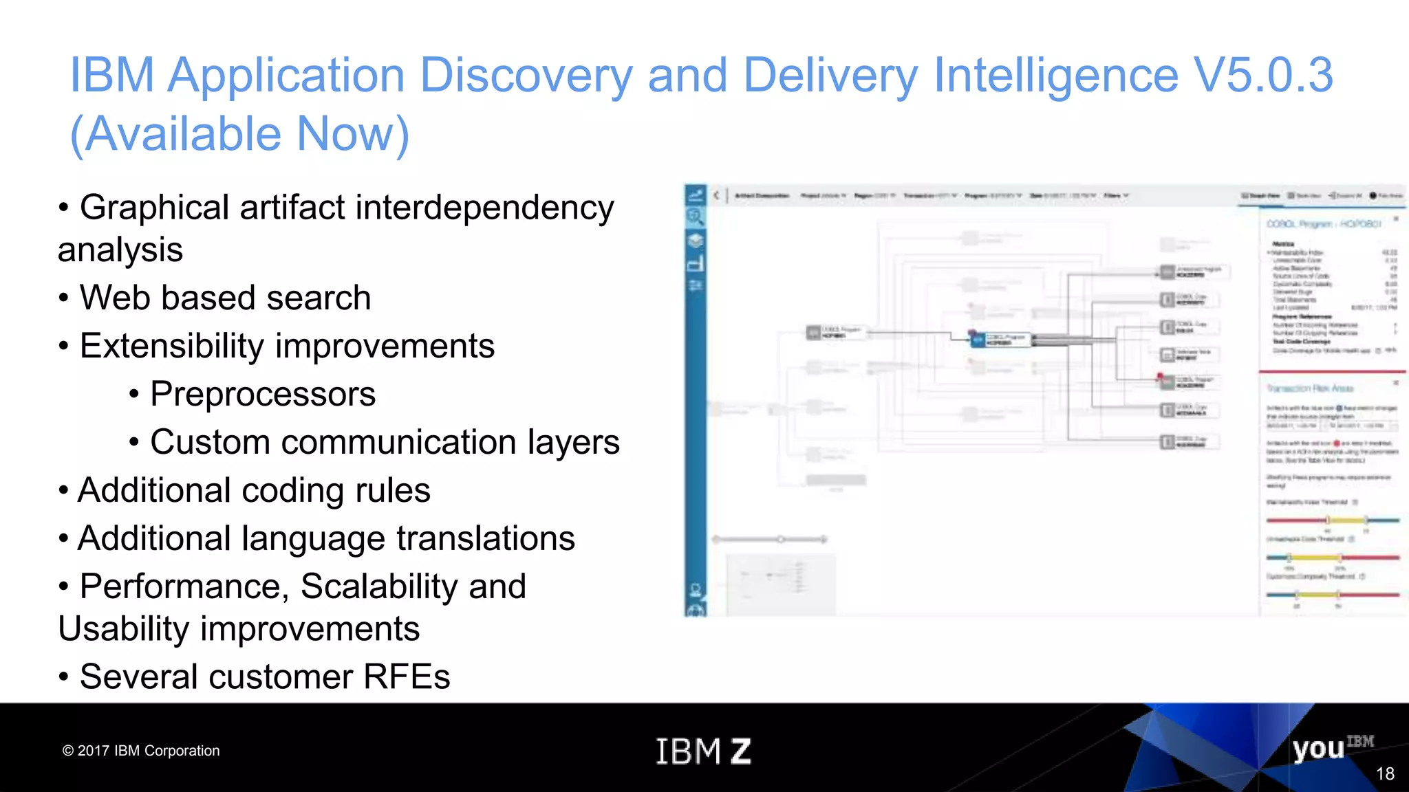 © 2017 IBM Corporation
18
IBM Application Discovery and Delivery Intelligence V5.0.3
(Available Now)
• Graphical artifact interdependency
analysis
• Web based search
• Extensibility improvements
• Preprocessors
• Custom communication layers
• Additional coding rules
• Additional language translations
• Performance, Scalability and
Usability improvements
• Several customer RFEs
 
